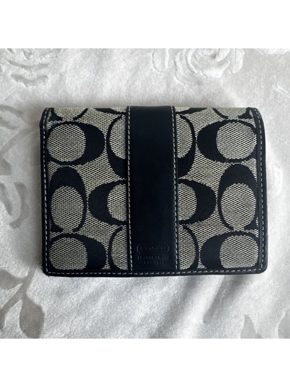 Coach Signature Black Leather & Beige Canvas Wallet Snap Medium Bifold Wallet